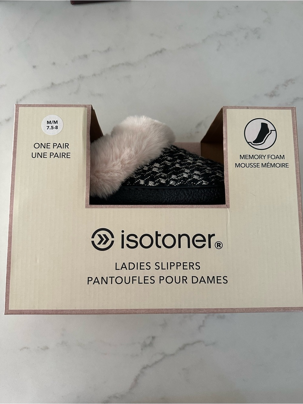 Isotoner Ladies Memory Foam Slippers in Black and Tan